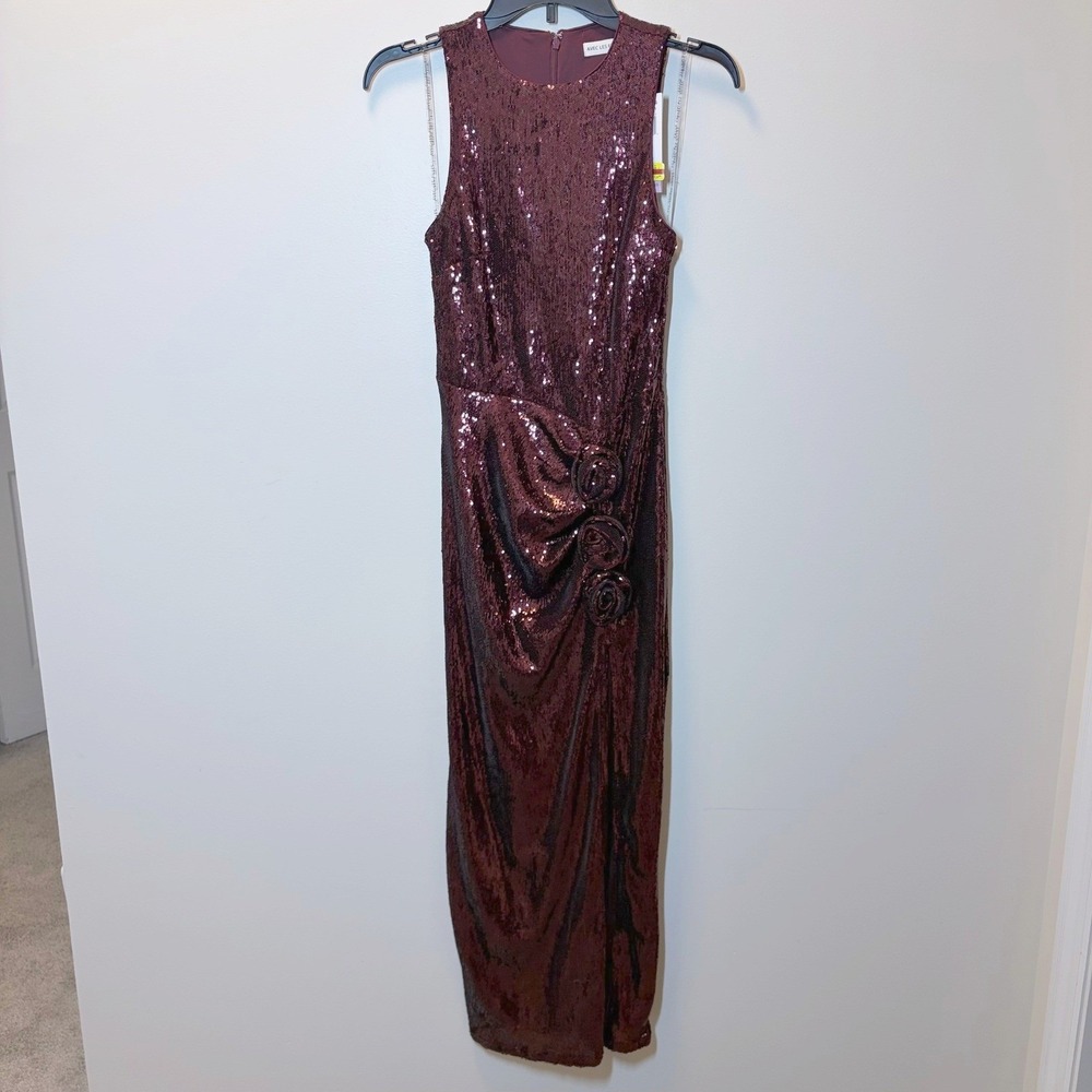 Avec Les Filles Sequin Rosette Maxi Dress Burgundy Wine Size 2 New